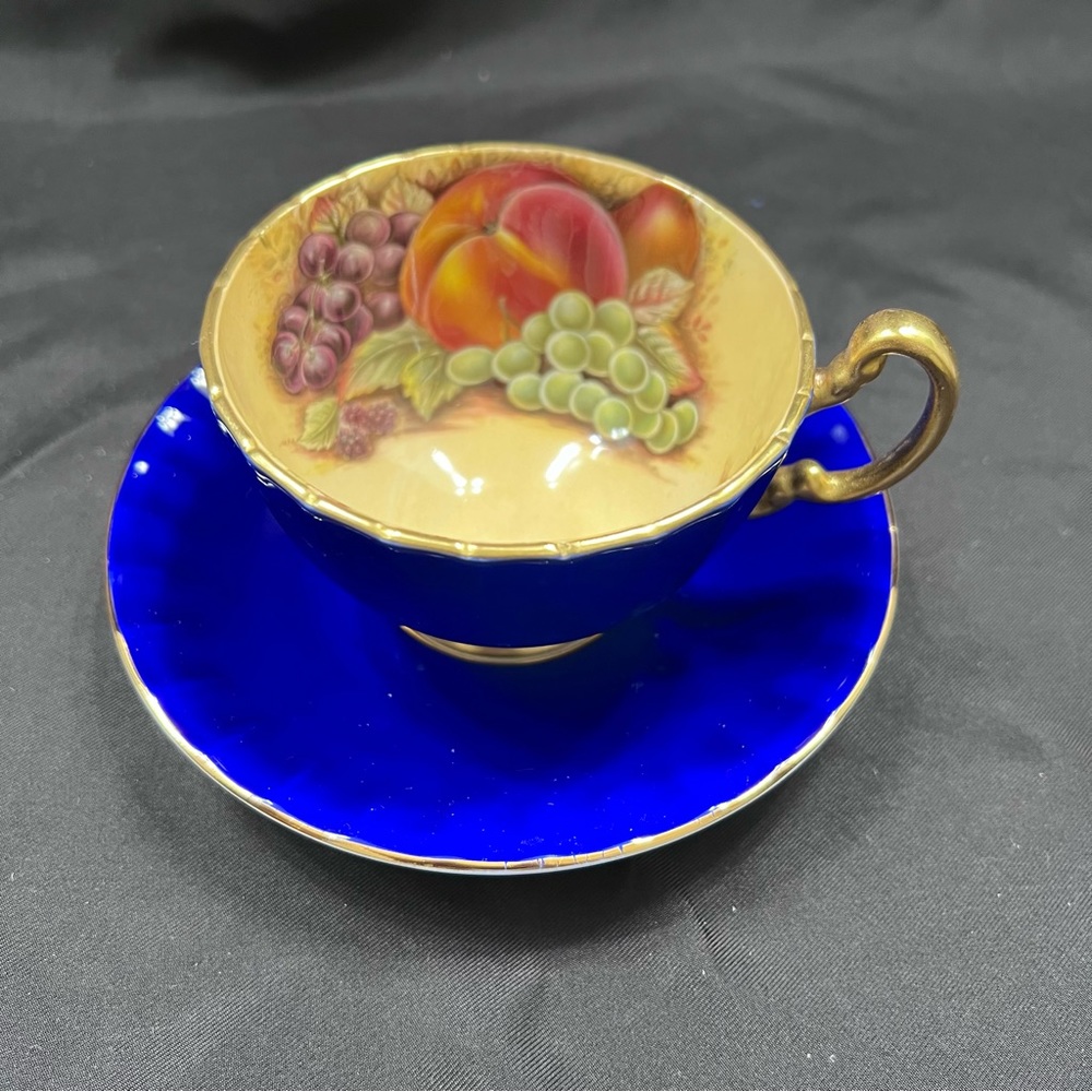 AYNSLEY Cobalt Blue ORCHARD FRUIT England Teacup‎ Cup & Saucer - Vintage